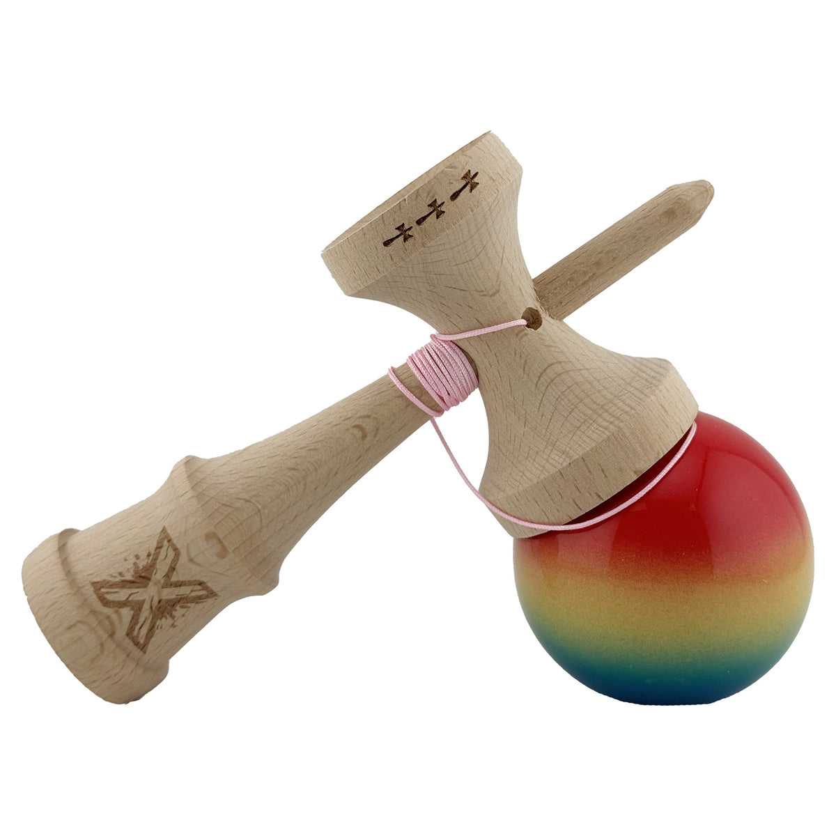 Kendama X Originala, Model Rosu / Galben / Albastru in Degrade, Profesionala, Cupe Mari, Super Sticky, Rulment, Ata 55cm