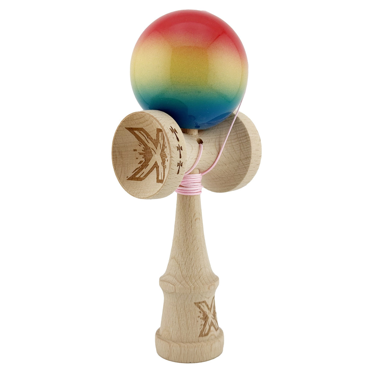 Kendama X Originala, Model Rosu / Galben / Albastru in Degrade, Profesionala, Cupe Mari, Super Sticky, Rulment, Ata 55cm