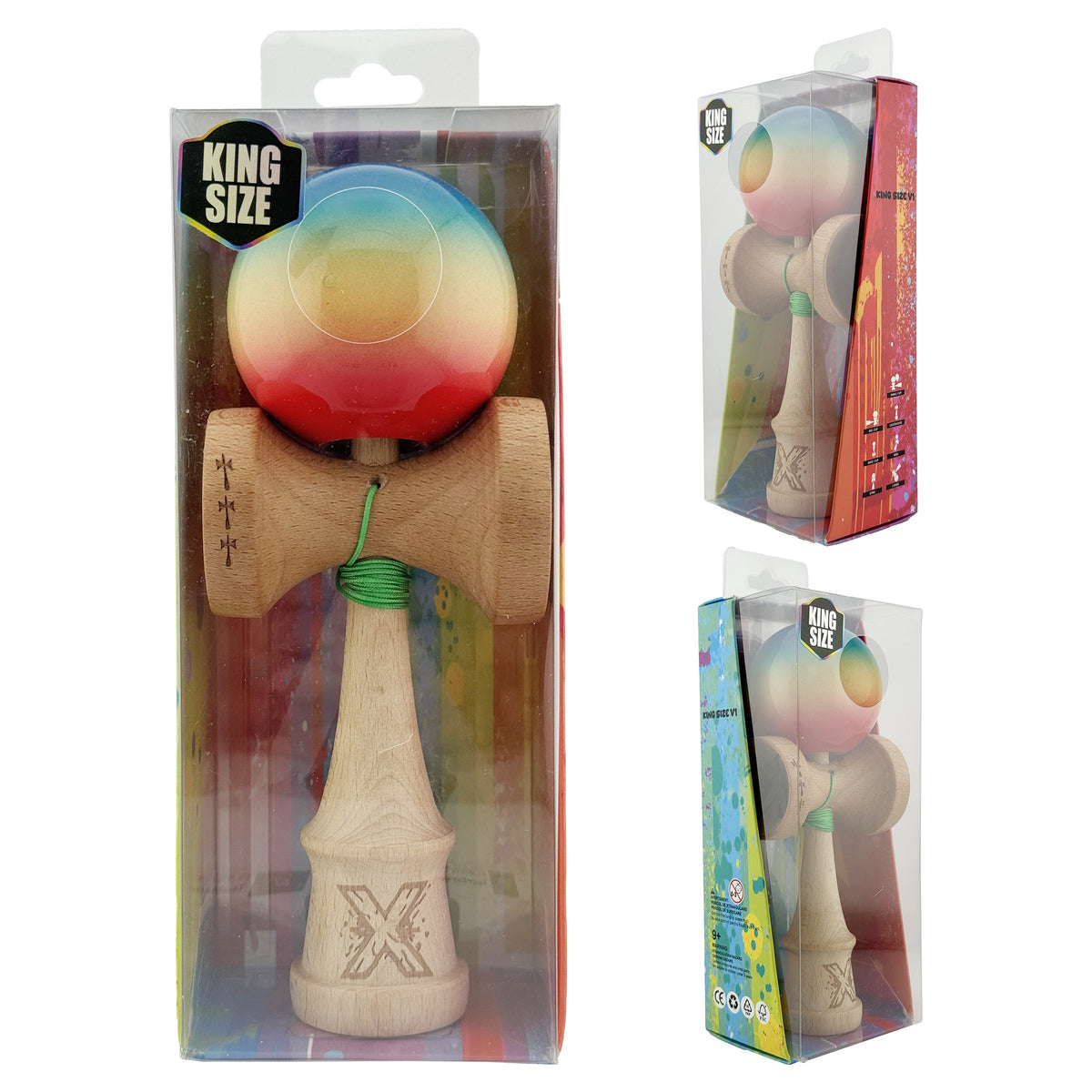 Kendama X Originala, Model Rosu / Galben / Albastru in Degrade, Profesionala, Cupe Mari, Super Sticky, Rulment, Ata 55cm