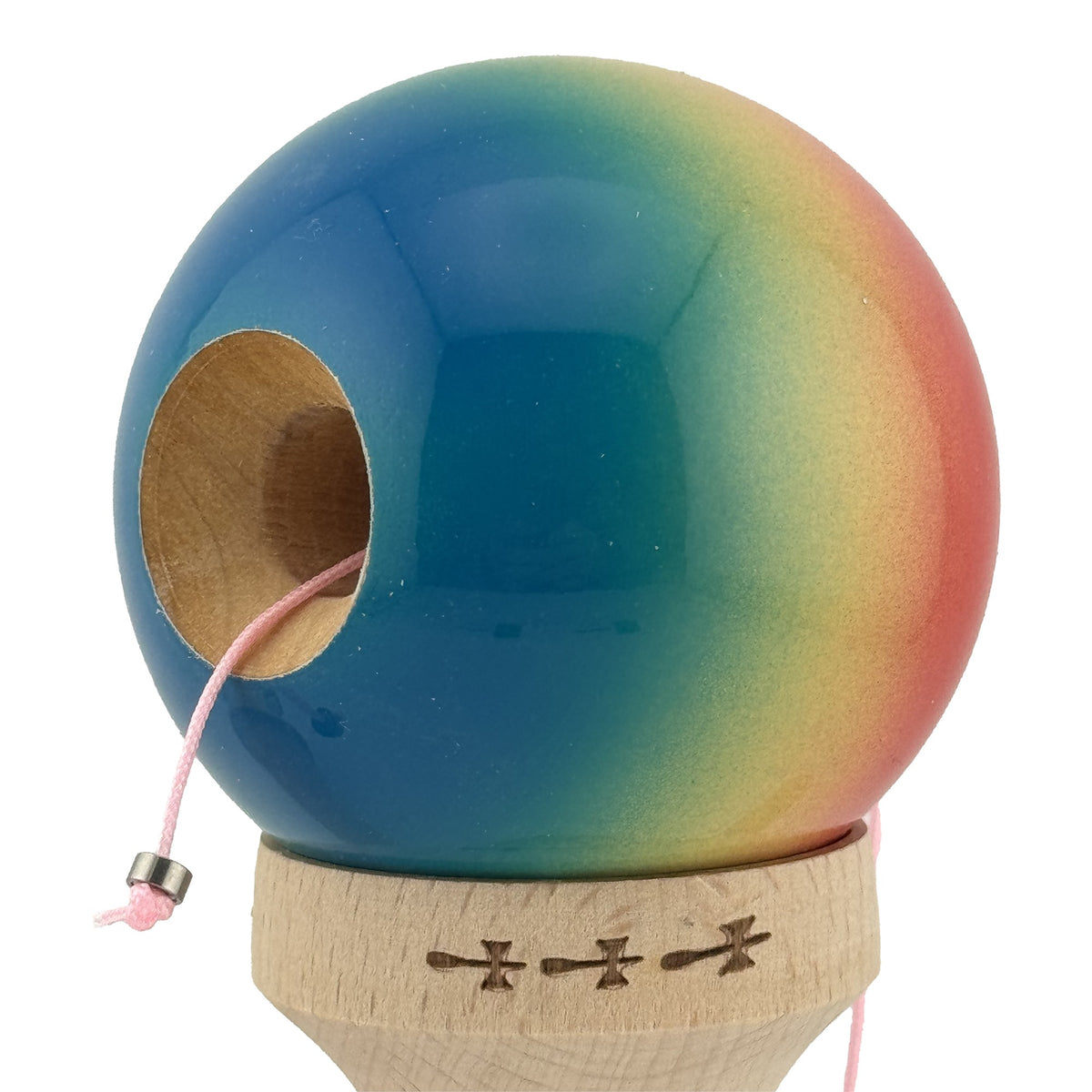 Kendama X Originala, Model Rosu / Galben / Albastru in Degrade, Profesionala, Cupe Mari, Super Sticky, Rulment, Ata 55cm