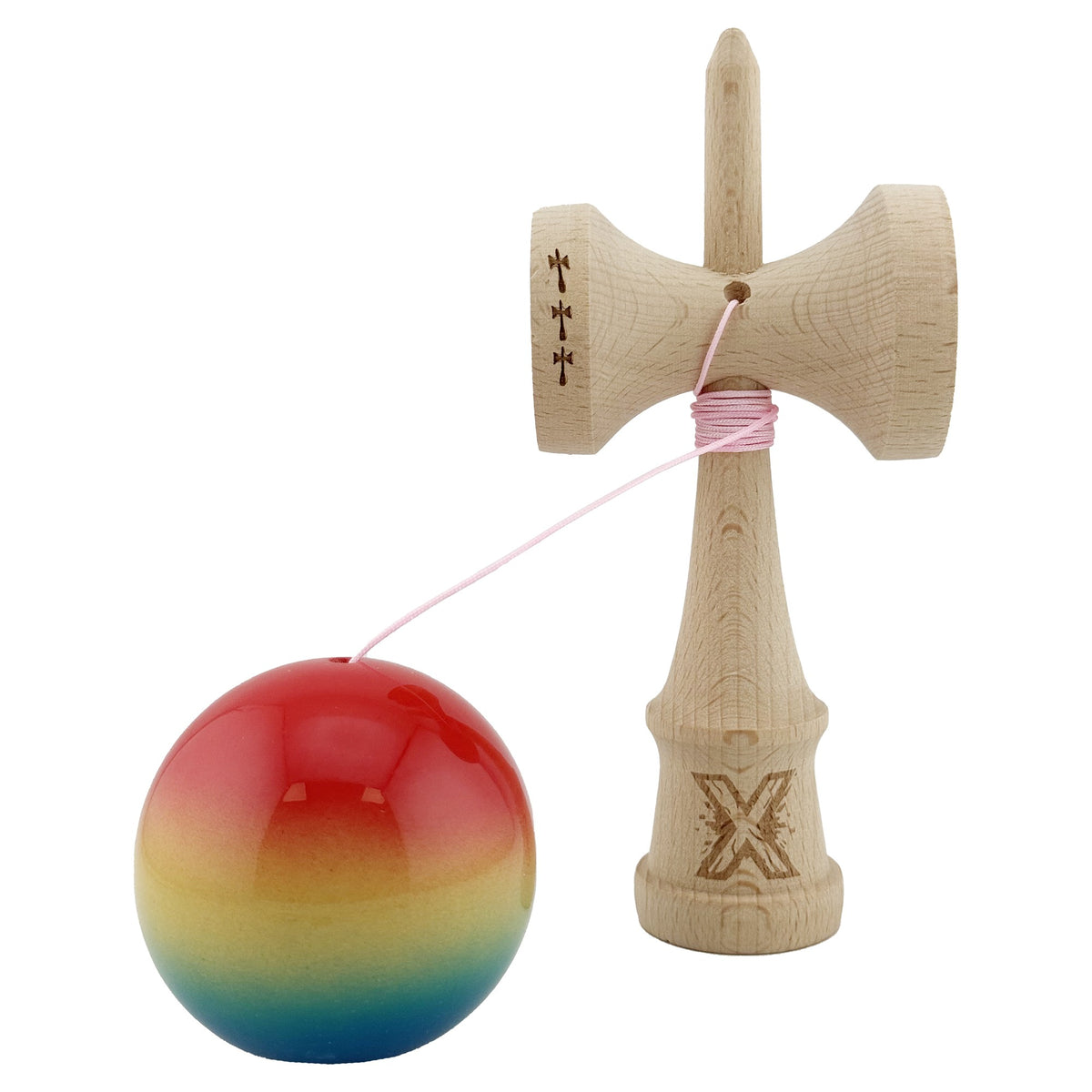 Kendama X Originala, Model Rosu / Galben / Albastru in Degrade, Profesionala, Cupe Mari, Super Sticky, Rulment, Ata 55cm