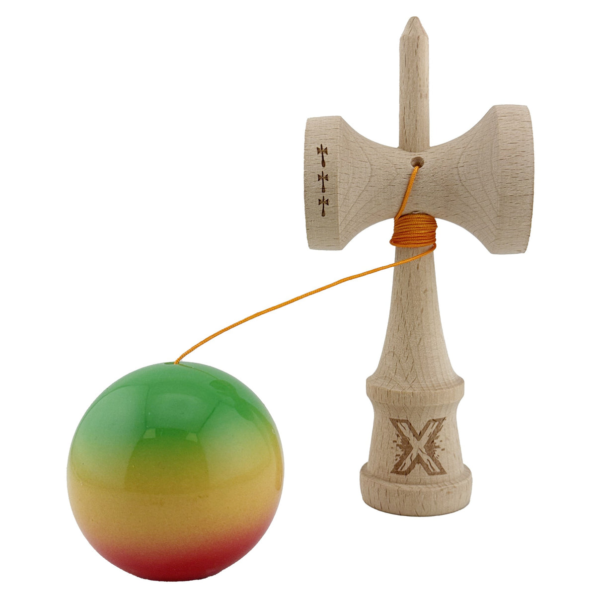 Kendama X Originala, Model Verde / Galben / Rosu in Degrade, Profesionala, Cupe Mari, Super Sticky, Rulment, Ata 55cm
