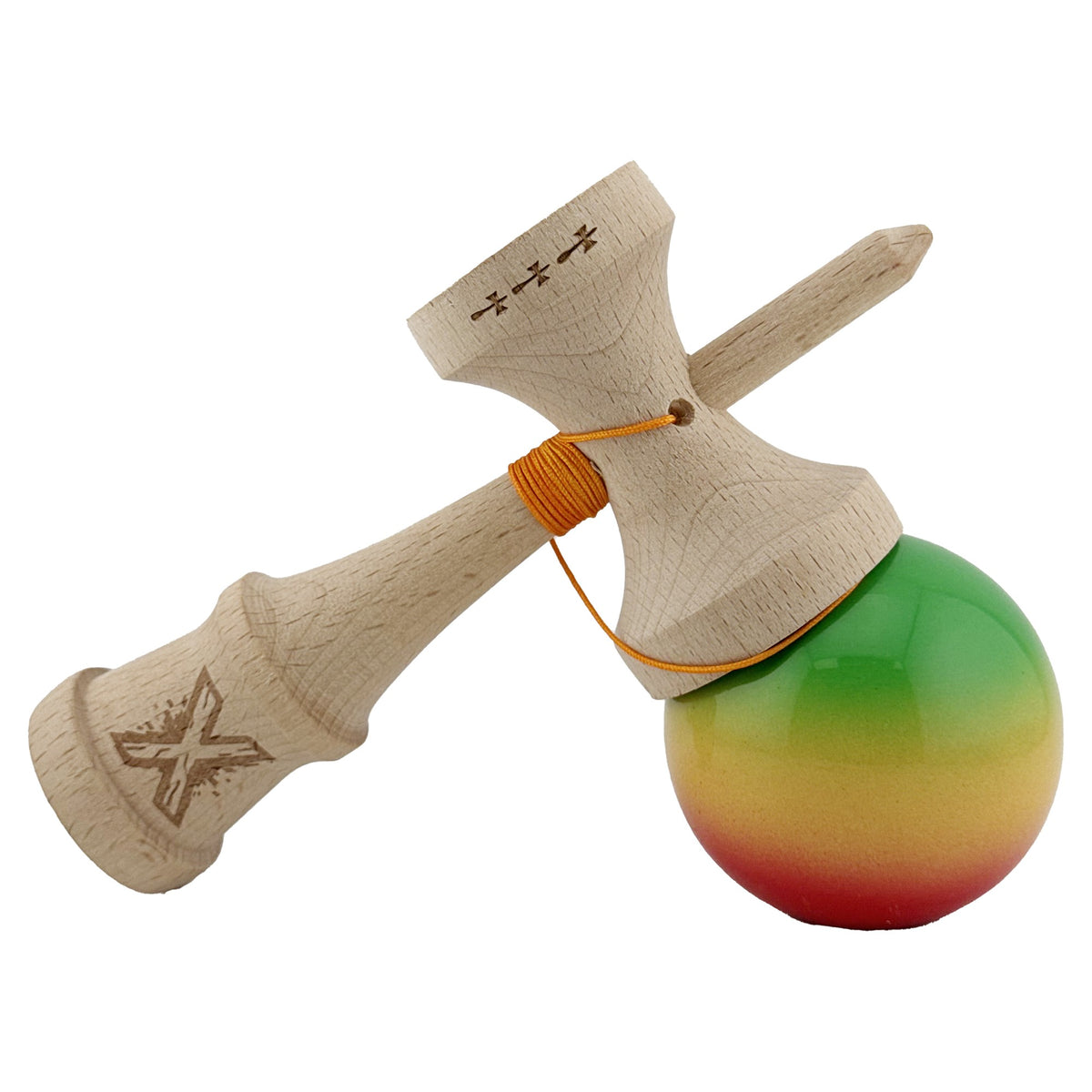 Kendama X Originala, Model Verde / Galben / Rosu in Degrade, Profesionala, Cupe Mari, Super Sticky, Rulment, Ata 55cm
