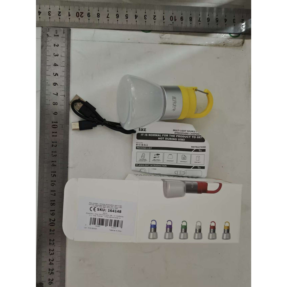 Lampă Portabilă de Camping și Voiaj, Iluminare LED RGB Ambientală, Rezistență la Apă IPX5, Încărcare USB Type-C, Material ABS, 300 mAh, 10 x 5.5 x 5.5 cm, Galben