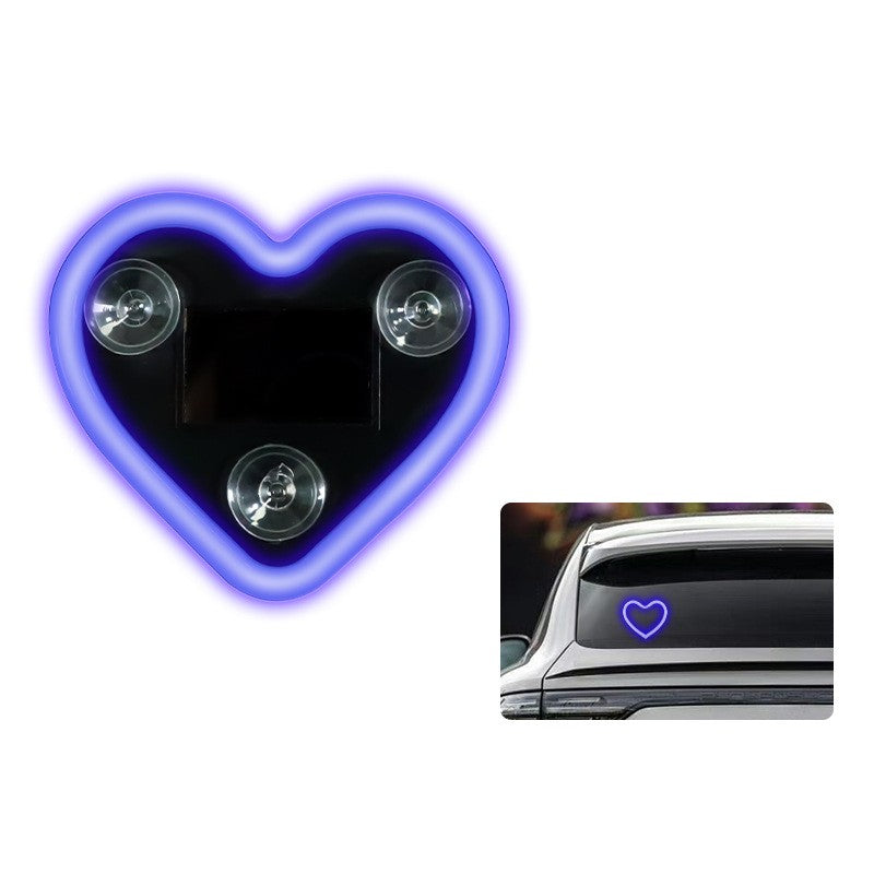Lumini Auto Ambientale Neon, Model Inima, Incarcare Solara si USB Type-C, Afisaj Baterie, Material ABS cu 3 Ventuze, 9.7 x 8.4 x 1.6 cm, Albastru