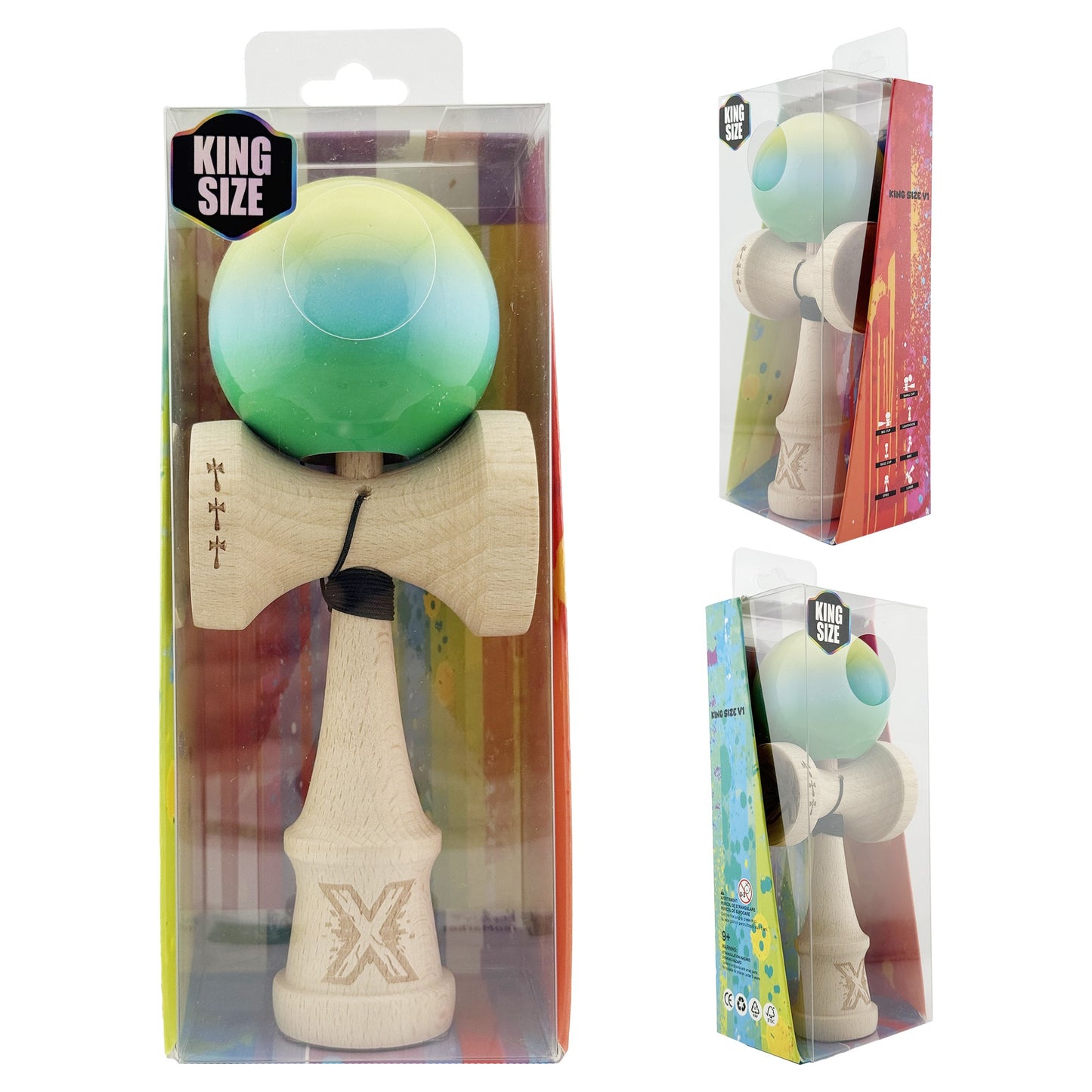 Kendama X Originala, Model Galben / Albastru deschis / Verde in Degrade, Profesionala, Cupe Mari, Super Sticky, Rulment, Ata 55cm