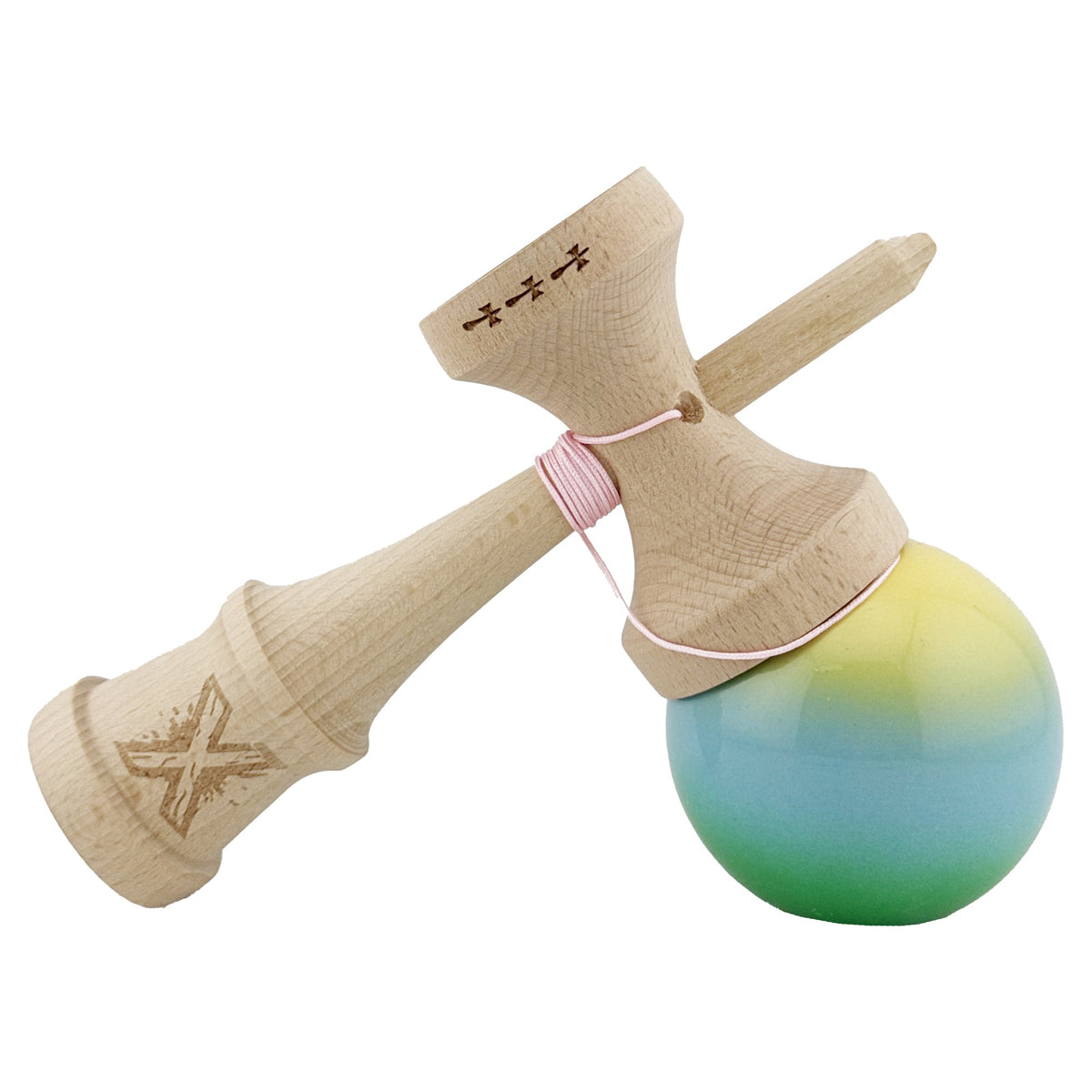 Kendama X Originala, Model Galben / Albastru deschis / Verde in Degrade, Profesionala, Cupe Mari, Super Sticky, Rulment, Ata 55cm