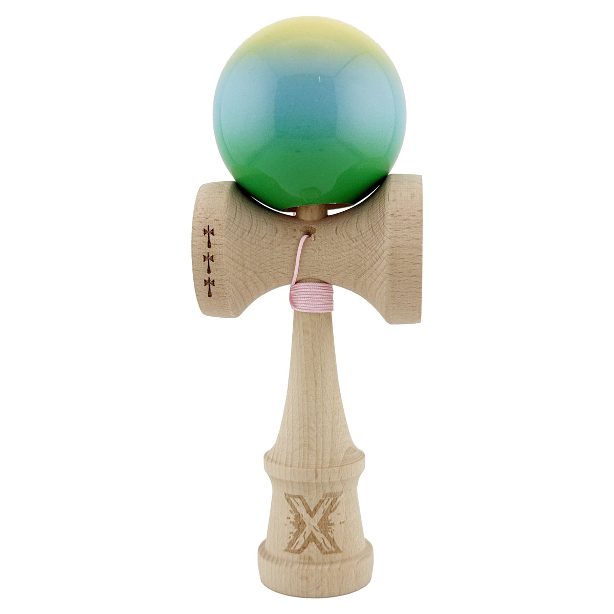 Kendama X Originala, Model Galben / Albastru deschis / Verde in Degrade, Profesionala, Cupe Mari, Super Sticky, Rulment, Ata 55cm