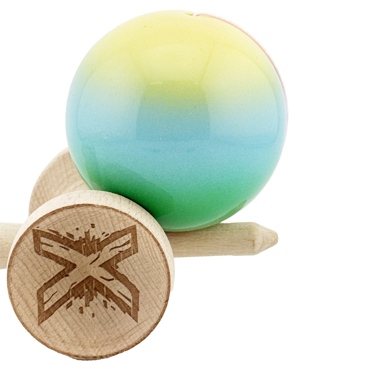 Kendama X Originala, Model Galben / Albastru deschis / Verde in Degrade, Profesionala, Cupe Mari, Super Sticky, Rulment, Ata 55cm