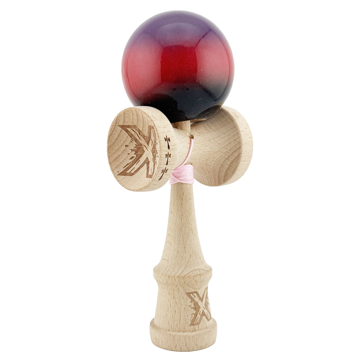 Kendama X Originala, Model Mov / Rosu / Negru in Degrade, Profesionala, Cupe Mari, Super Sticky, Rulment, Ata 55cm