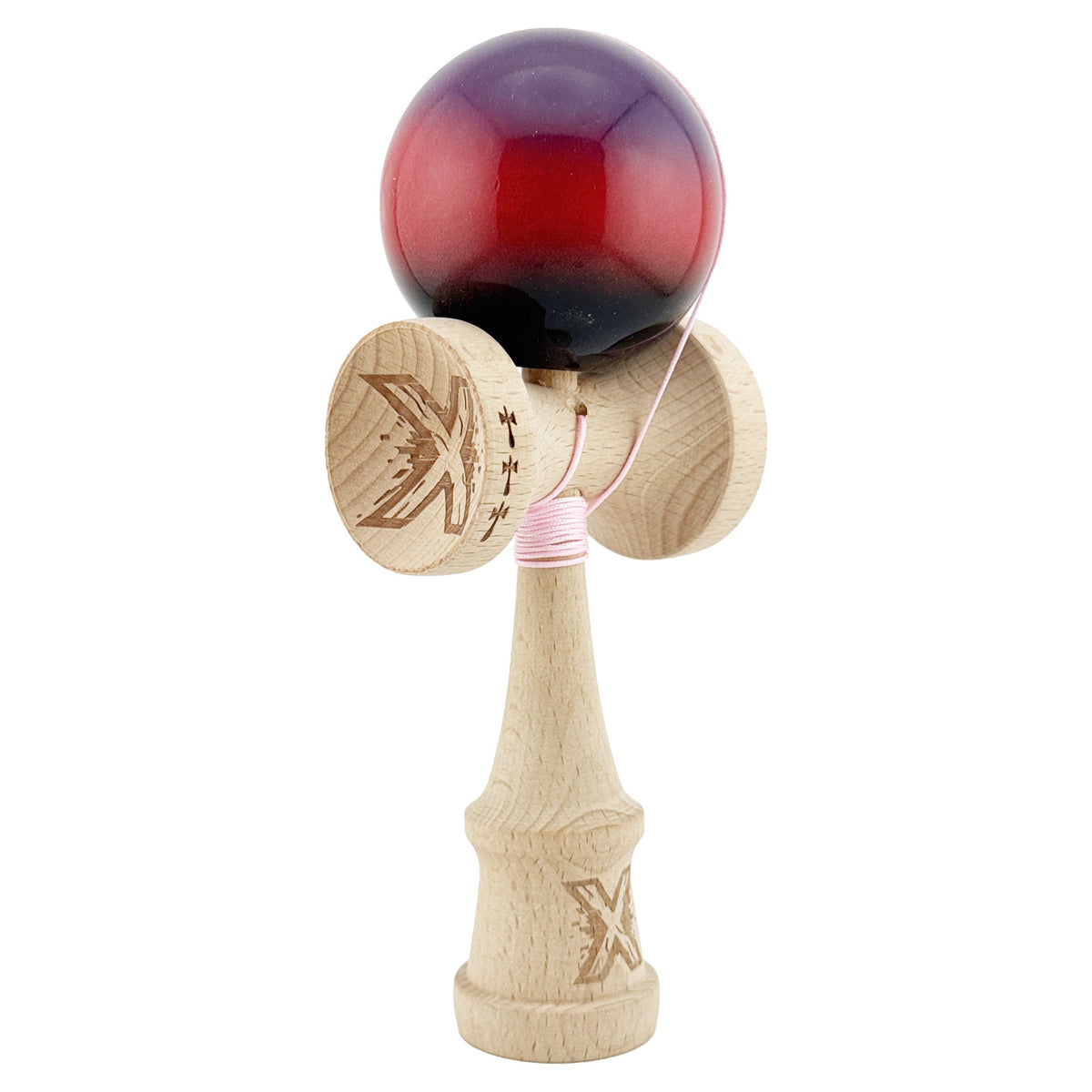 Kendama X Originala, Model Mov / Rosu / Negru in Degrade, Profesionala, Cupe Mari, Super Sticky, Rulment, Ata 55cm