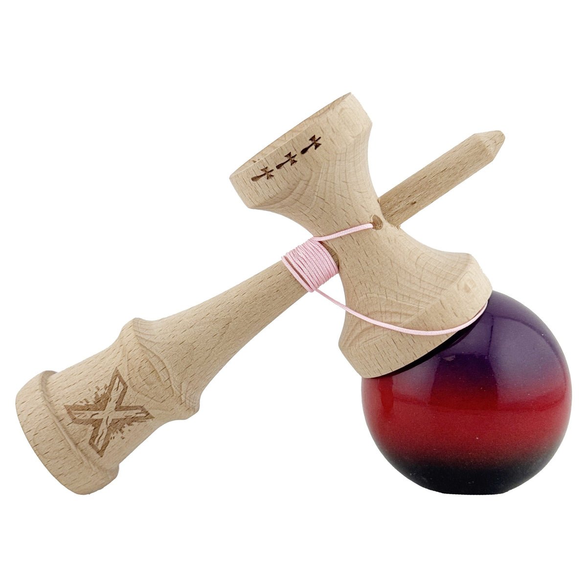 Kendama X Originala, Model Mov / Rosu / Negru in Degrade, Profesionala, Cupe Mari, Super Sticky, Rulment, Ata 55cm