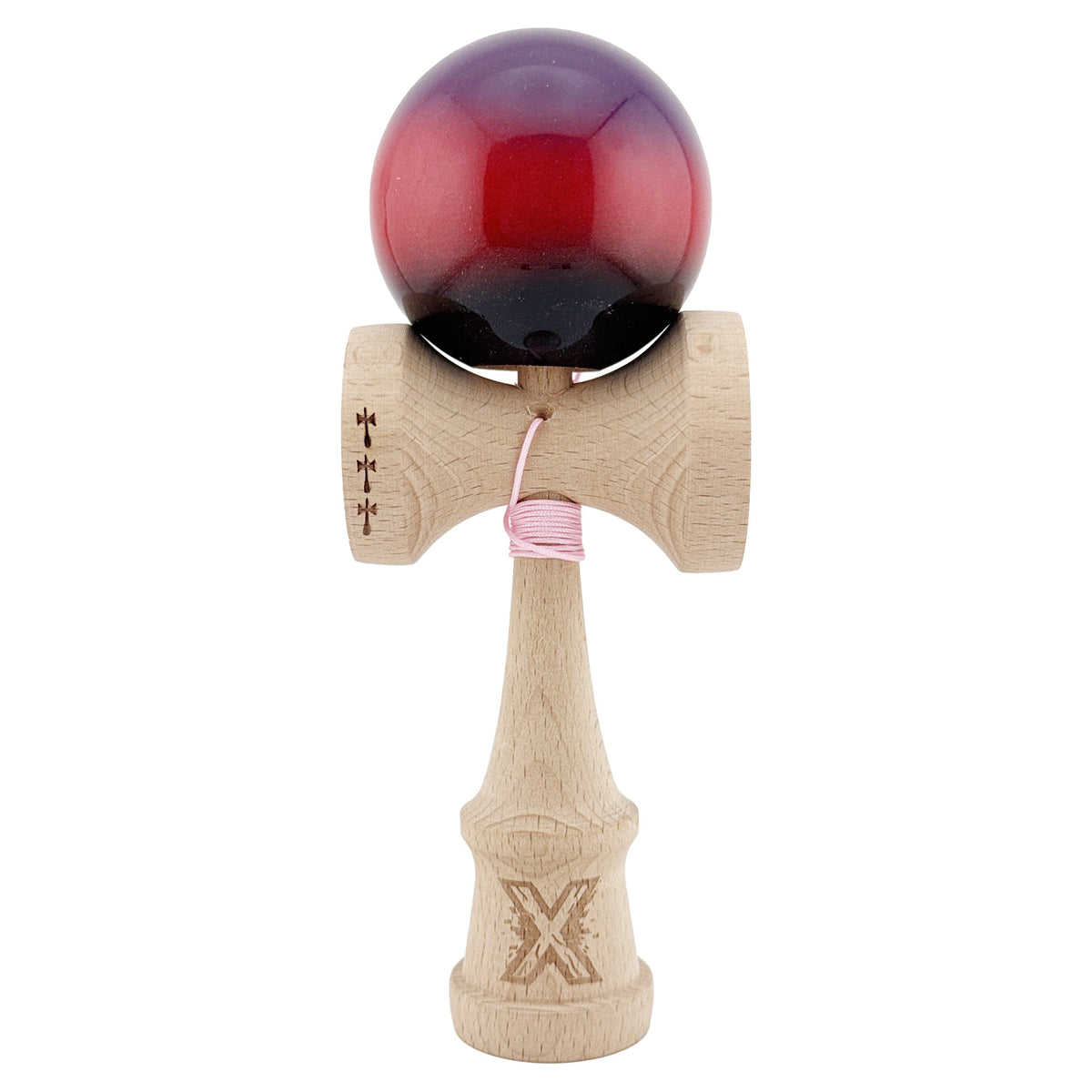 Kendama X Originala, Model Mov / Rosu / Negru in Degrade, Profesionala, Cupe Mari, Super Sticky, Rulment, Ata 55cm