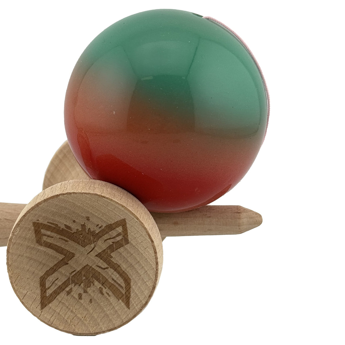 Kendama X Originala, Model Rosu / Verde in Degrade, Profesionala, Cupe Mari, Super Sticky, Rulment, Ata 55cm