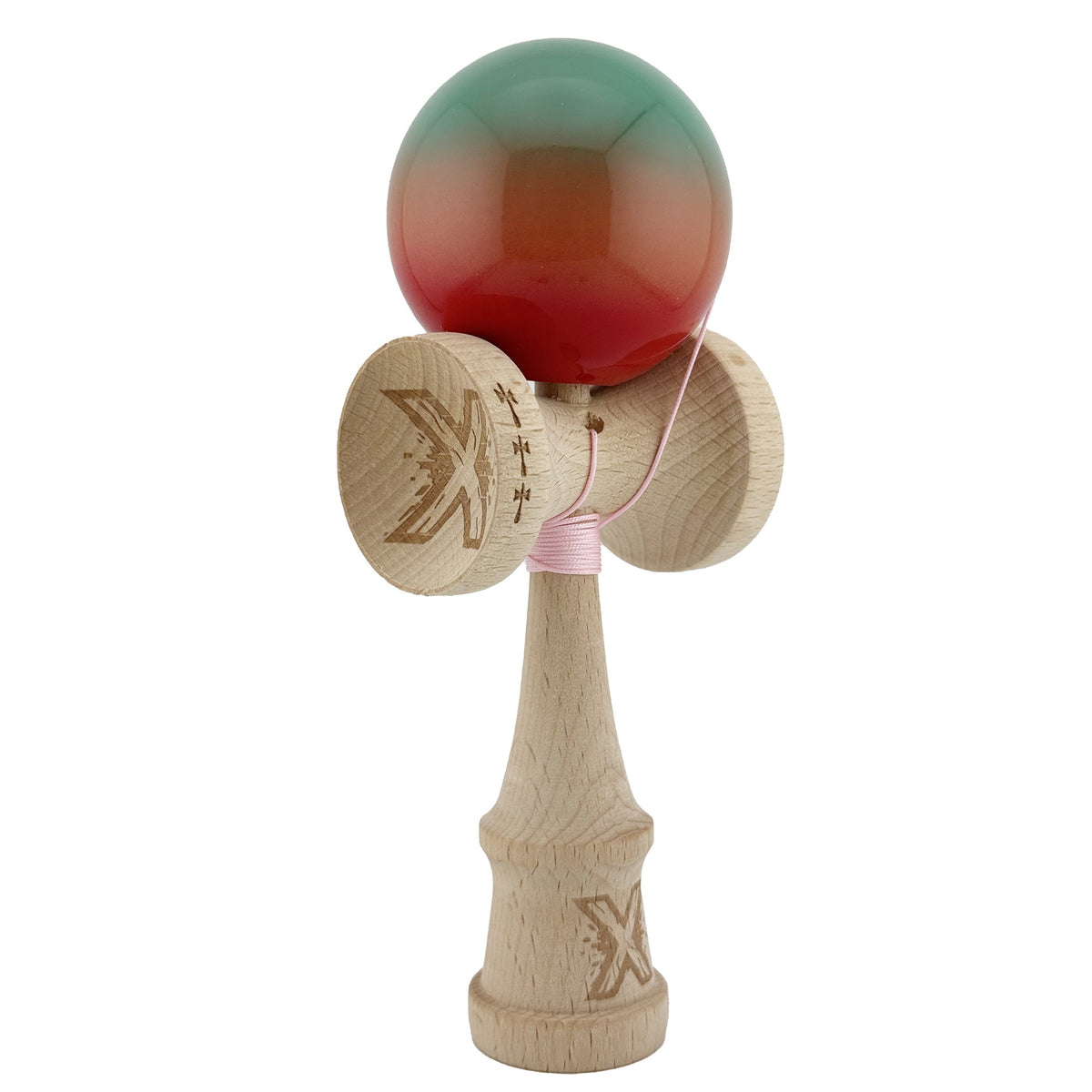 Kendama X Originala, Model Rosu / Verde in Degrade, Profesionala, Cupe Mari, Super Sticky, Rulment, Ata 55cm