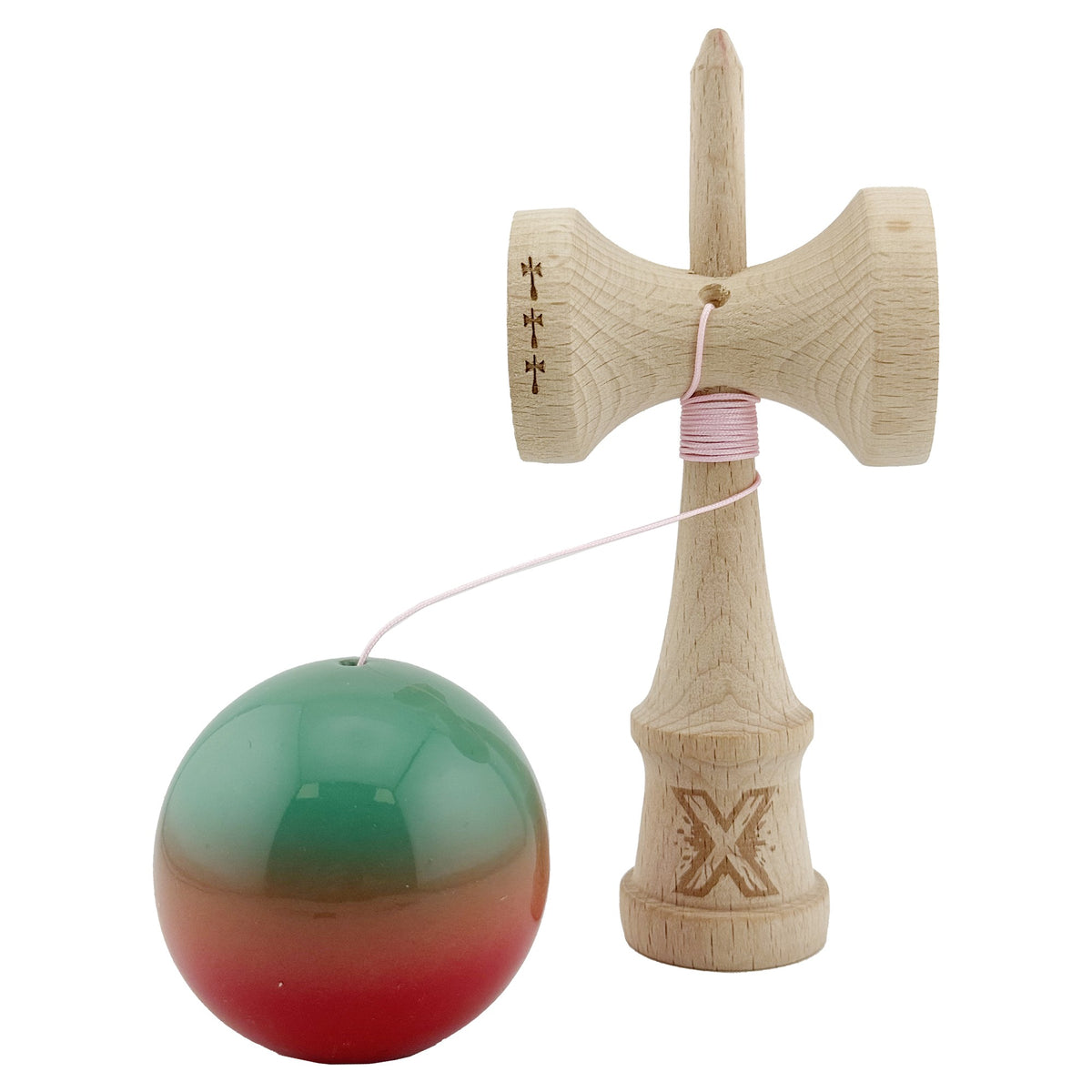 Kendama X Originala, Model Rosu / Verde in Degrade, Profesionala, Cupe Mari, Super Sticky, Rulment, Ata 55cm