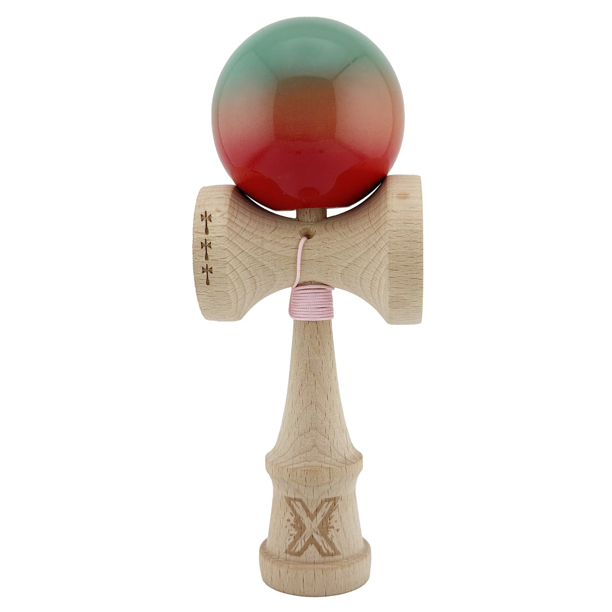Kendama X Originala, Model Rosu / Verde in Degrade, Profesionala, Cupe Mari, Super Sticky, Rulment, Ata 55cm