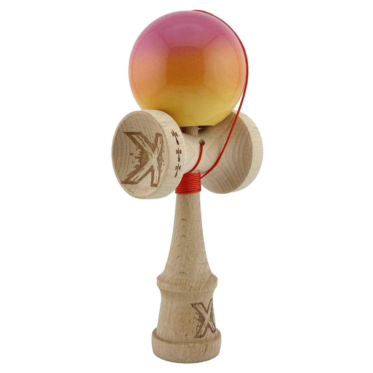 Kendama X Originala, Model Roz / Portocaliu / Galben in Degrade, Profesionala, Cupe Mari, Super Sticky, Rulment, Ata 55cm