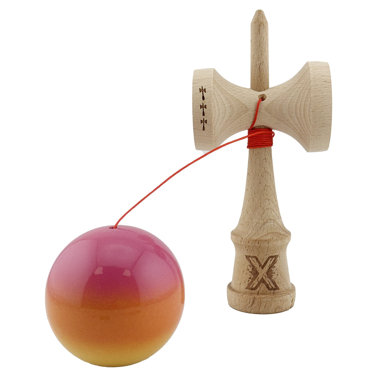 Kendama X Originala, Model Roz / Portocaliu / Galben in Degrade, Profesionala, Cupe Mari, Super Sticky, Rulment, Ata 55cm
