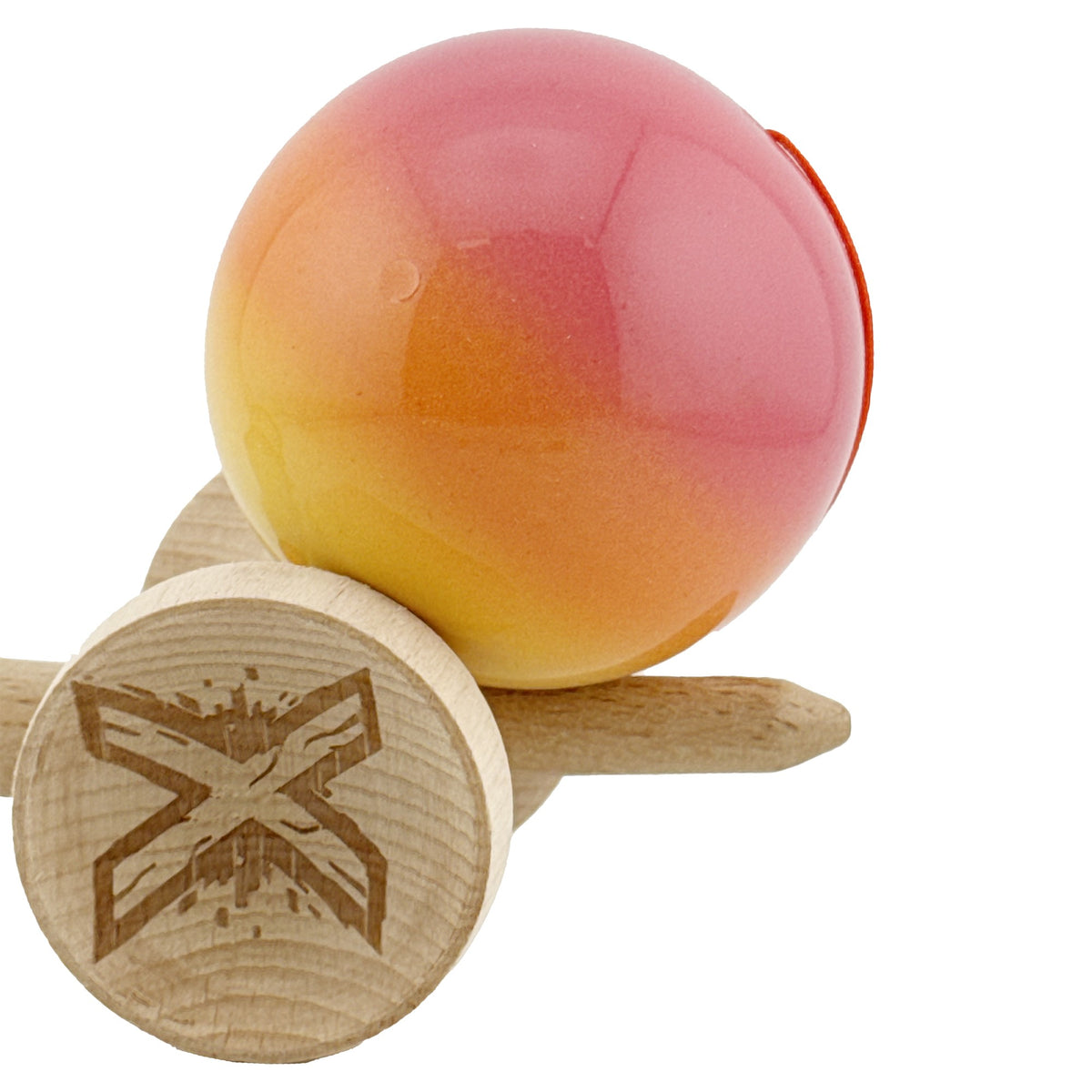 Kendama X Originala, Model Roz / Portocaliu / Galben in Degrade, Profesionala, Cupe Mari, Super Sticky, Rulment, Ata 55cm