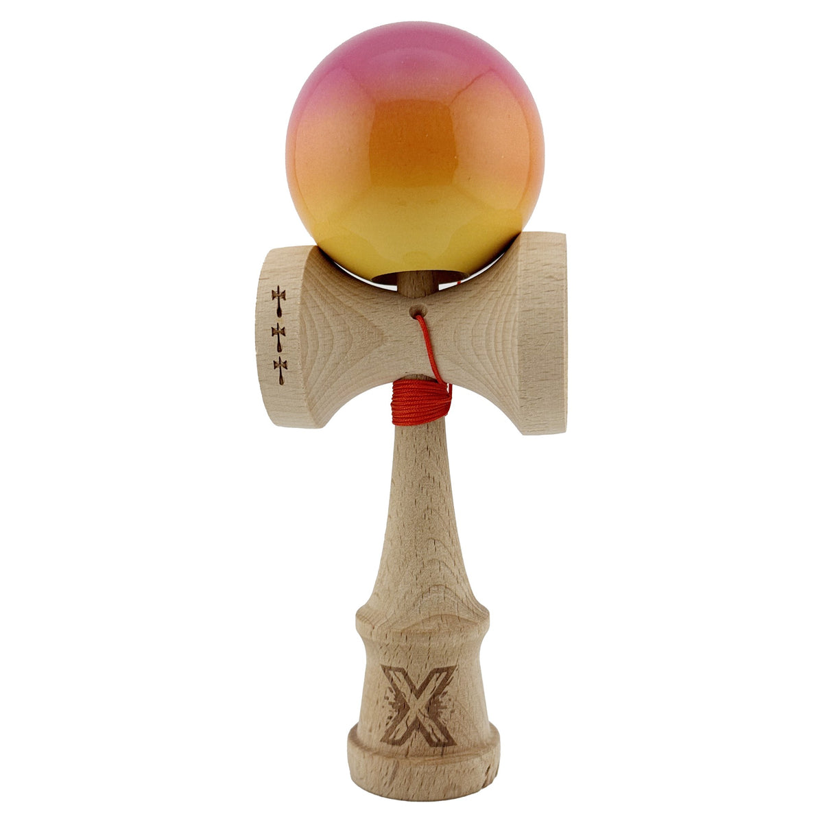 Kendama X Originala, Model Roz / Portocaliu / Galben in Degrade, Profesionala, Cupe Mari, Super Sticky, Rulment, Ata 55cm