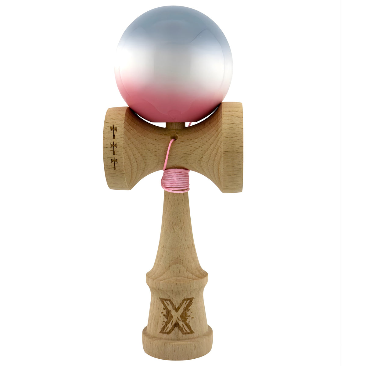 Kendama X Originala, Model Roz / Alb / Gri in Degrade, Profesionala, Cupe Mari, Super Sticky, Rulment, Ata 55cm