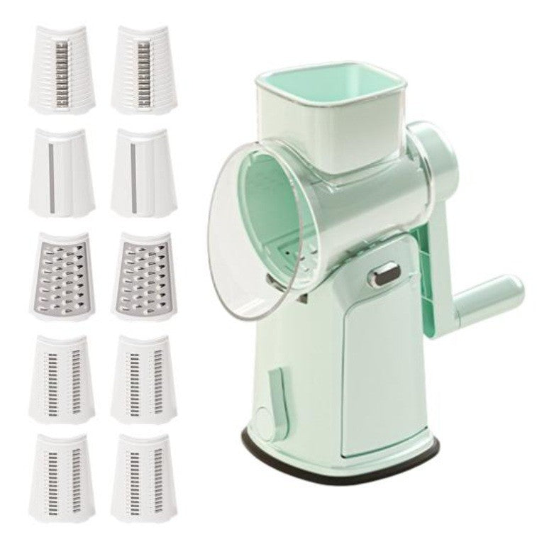 Razatoare Manuala Rotativa Multifunctionala pentru Legume si Fructe, 10 Lame Interschimbabile din Otel Inoxidabil, Fixare cu Ventuza, 27 x 13 x 13 cm, Turcoaz