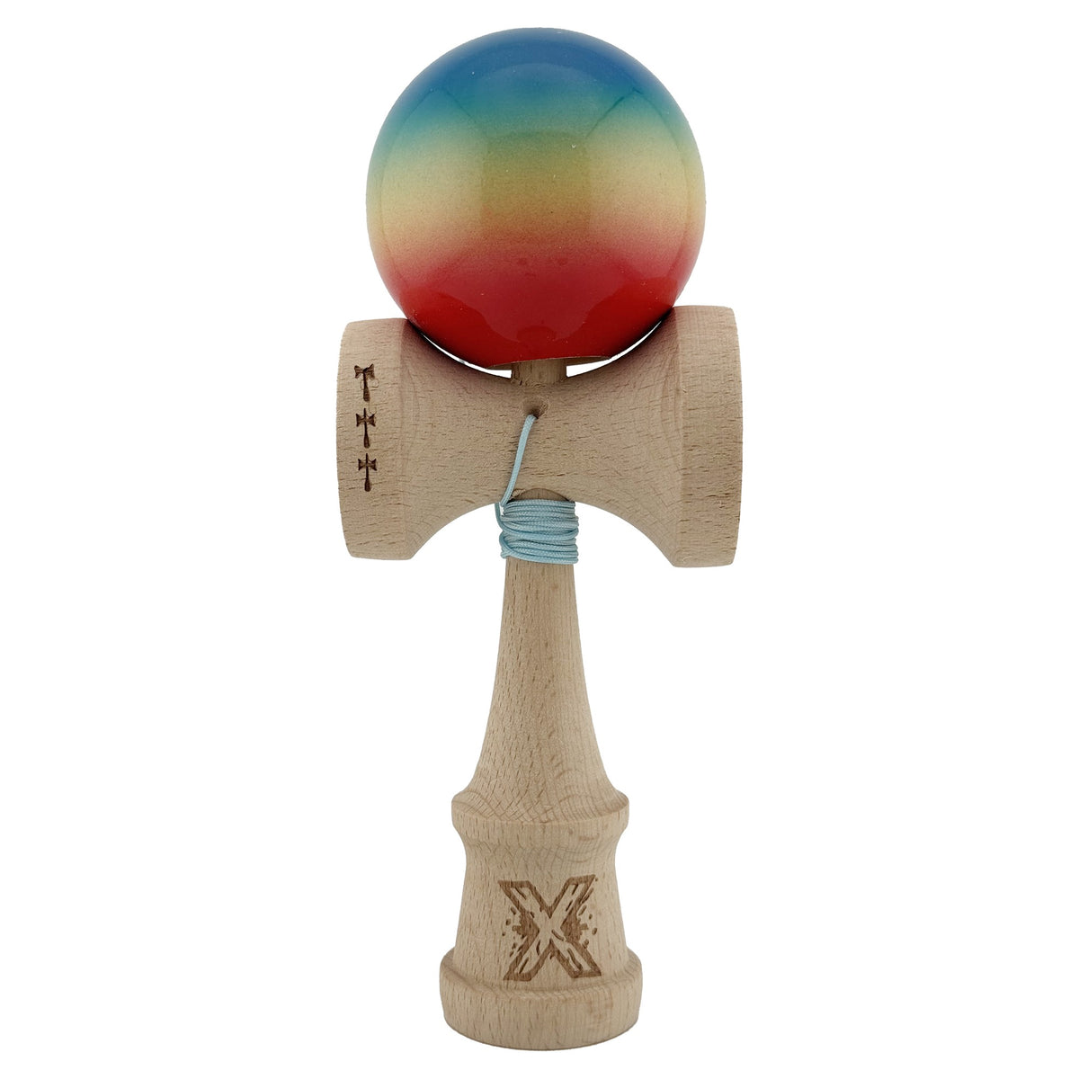 Kendama X Originala, Model Albastru / Galben / Rosu in Degrade, Profesionala, Cupe Mari, Super Sticky, Rulment, Ata 55cm