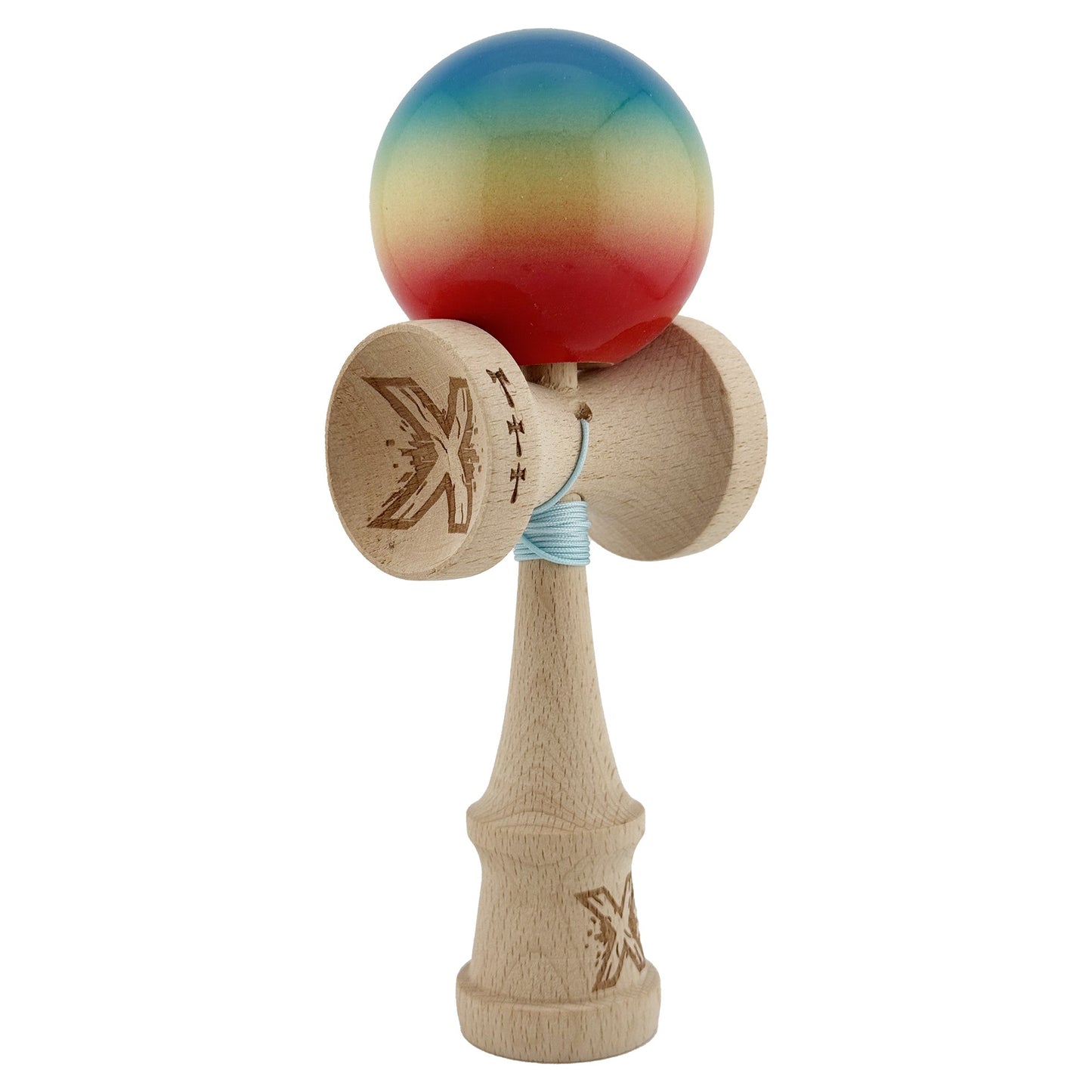 Kendama X Originala, Model Albastru / Galben / Rosu in Degrade, Profesionala, Cupe Mari, Super Sticky, Rulment, Ata 55cm