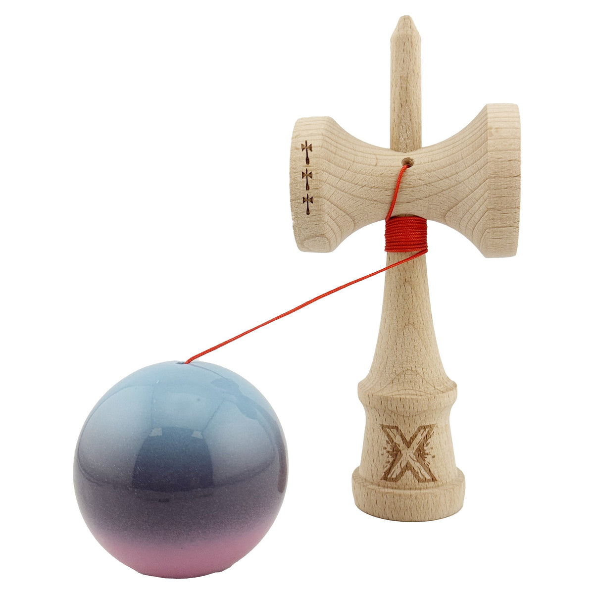 Kendama X Originala, Model Albastru Deschis / Mov / Roz in Degrade, Profesionala, Cupe Mari, Super Sticky, Rulment, Ata 55cm