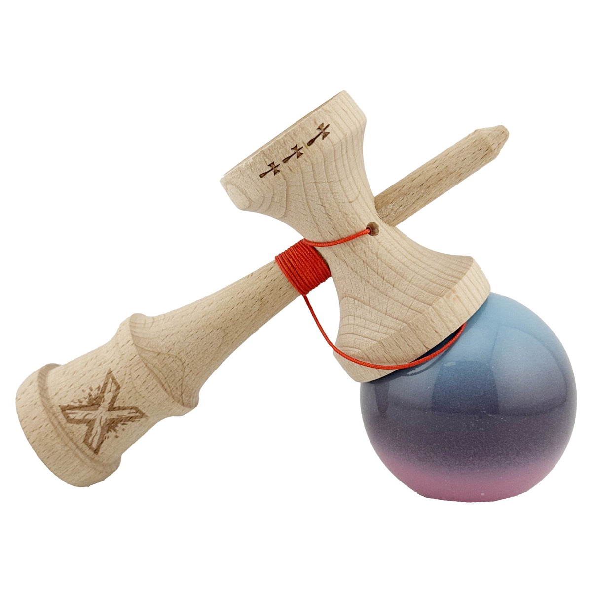 Kendama X Originala, Model Albastru Deschis / Mov / Roz in Degrade, Profesionala, Cupe Mari, Super Sticky, Rulment, Ata 55cm