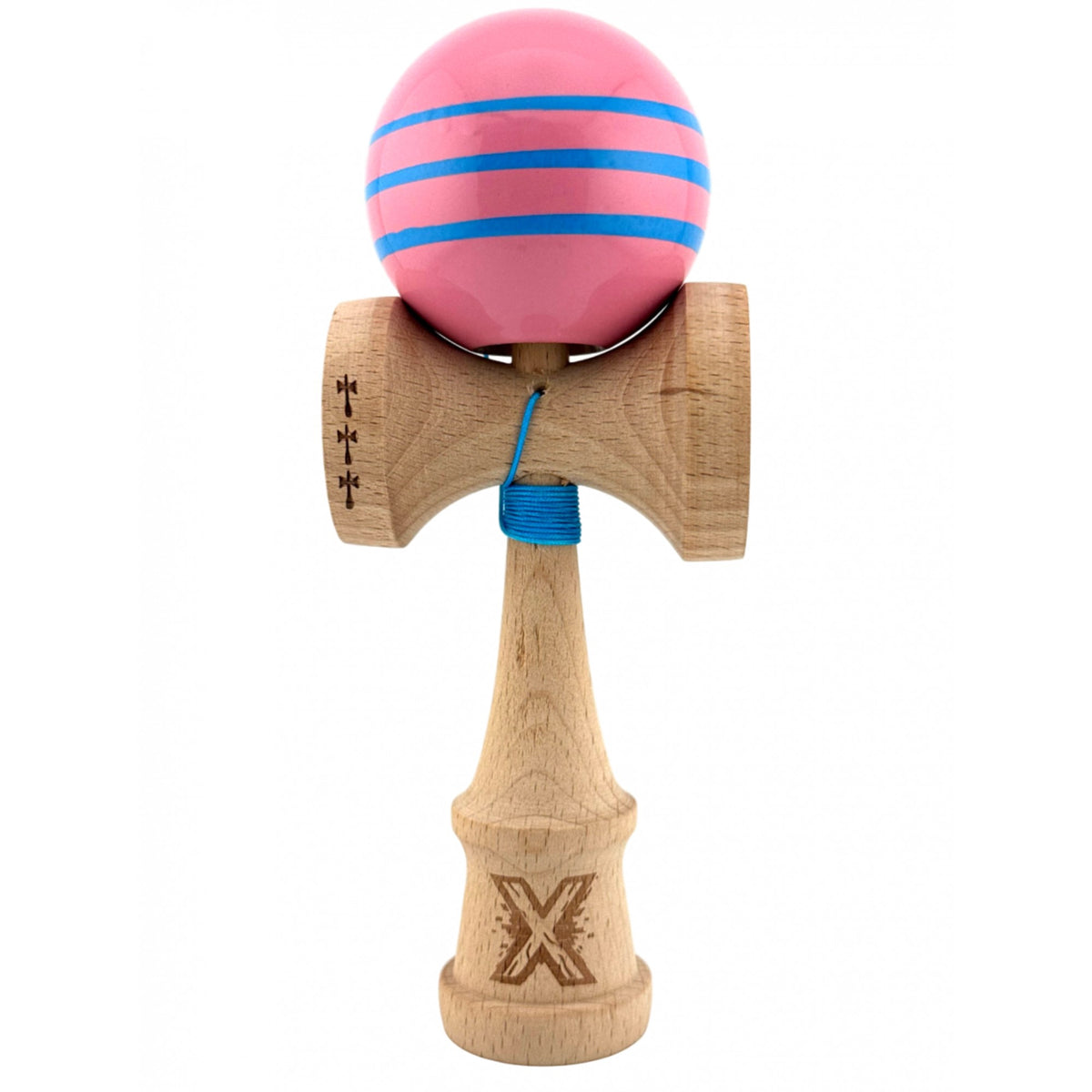 Kendama X Originala, Model Roz cu Linii Albastre, Profesionala, Legendary, Cupe Mari, Super Sticky, Rulment, Ata 55cm