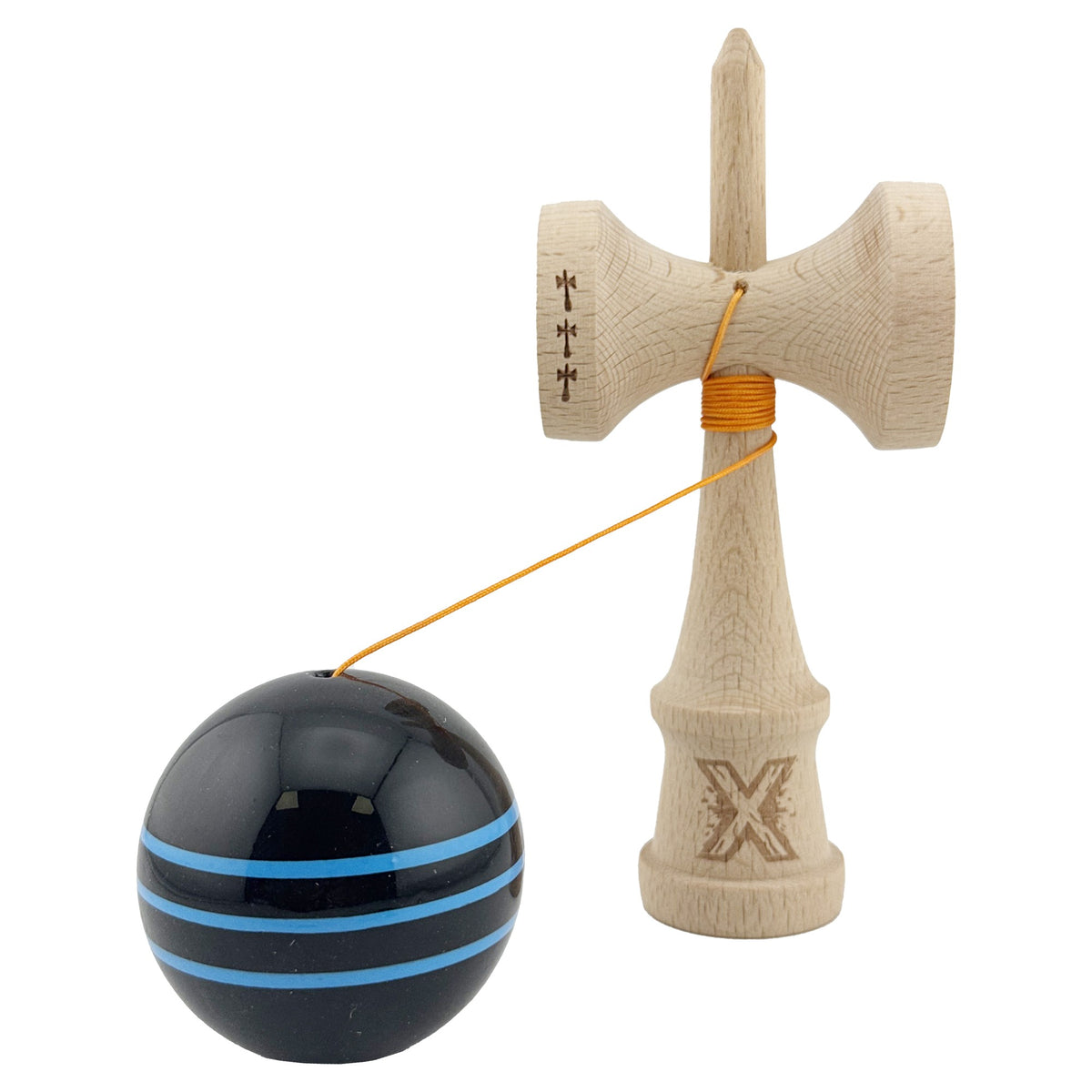 Kendama X Originala, Model Negru cu Linii Albastre Deschise, Profesionala, Legendary, Cupe Mari, Super Sticky, Rulment, Ata 55cm