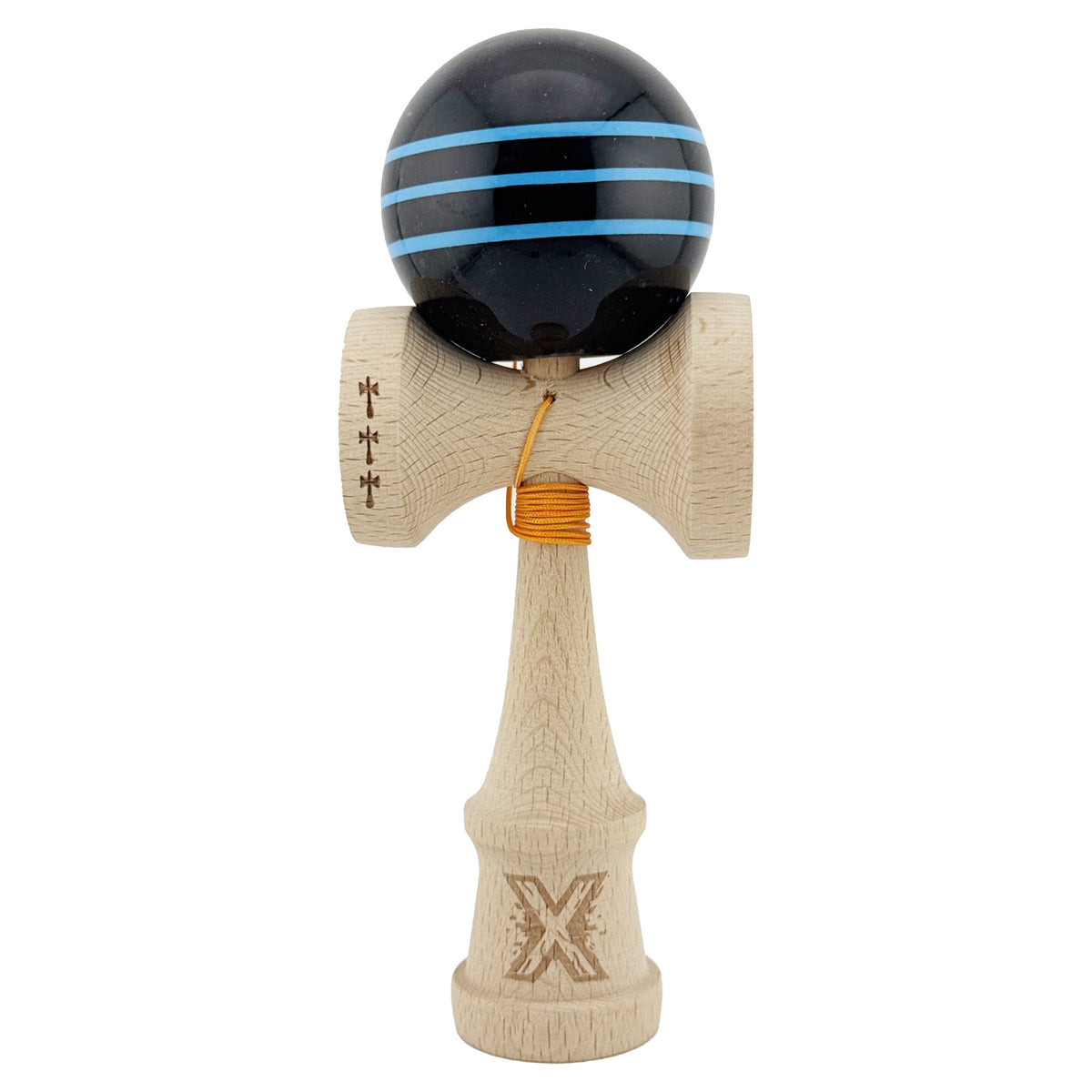 Kendama X Originala, Model Negru cu Linii Albastre Deschise, Profesionala, Legendary, Cupe Mari, Super Sticky, Rulment, Ata 55cm