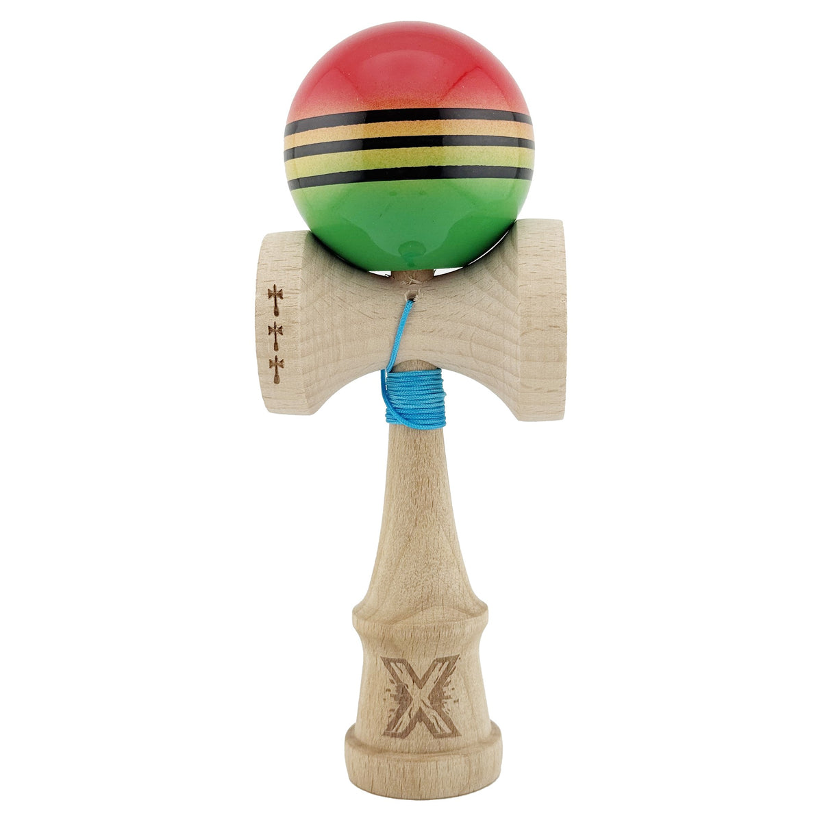 Kendama X Originala, Model Rosu / Galben / Verde in Degrade, Profesionala, Legendary, Cupe Mari, Super Sticky, Rulment, Ata 55cm