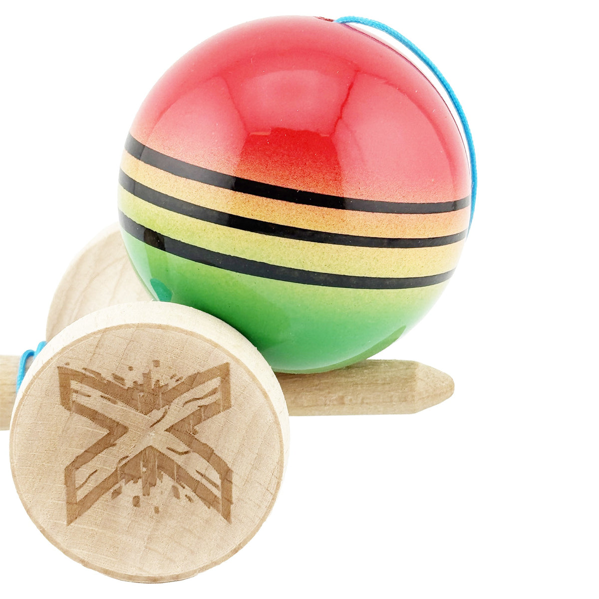 Kendama X Originala, Model Rosu / Galben / Verde in Degrade, Profesionala, Legendary, Cupe Mari, Super Sticky, Rulment, Ata 55cm