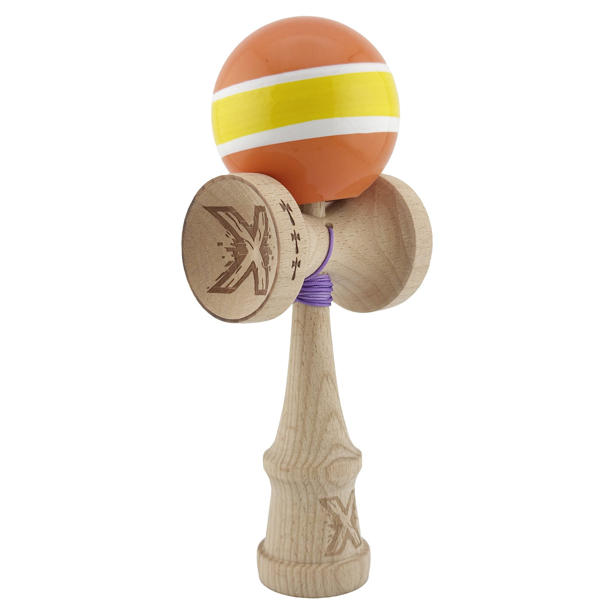 Kendama X Originala, Model Portocaliu / Galben cu Linii Albe, Profesionala, Legendary, Cupe Mari, Super Sticky, Rulment, Ata 55cm