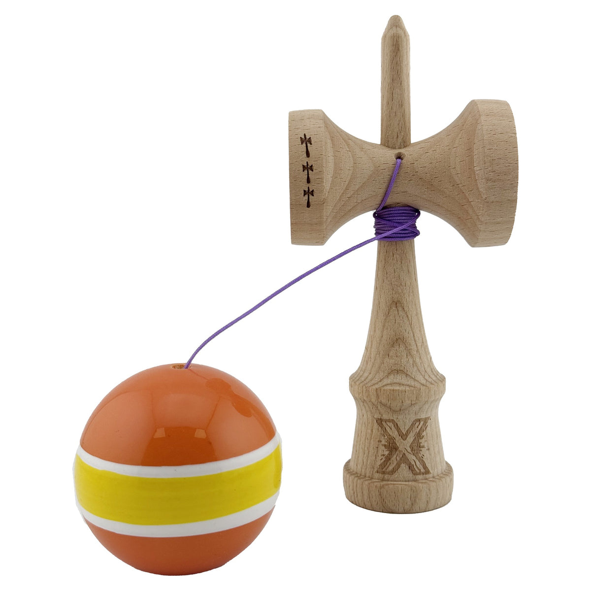 Kendama X Originala, Model Portocaliu / Galben cu Linii Albe, Profesionala, Legendary, Cupe Mari, Super Sticky, Rulment, Ata 55cm