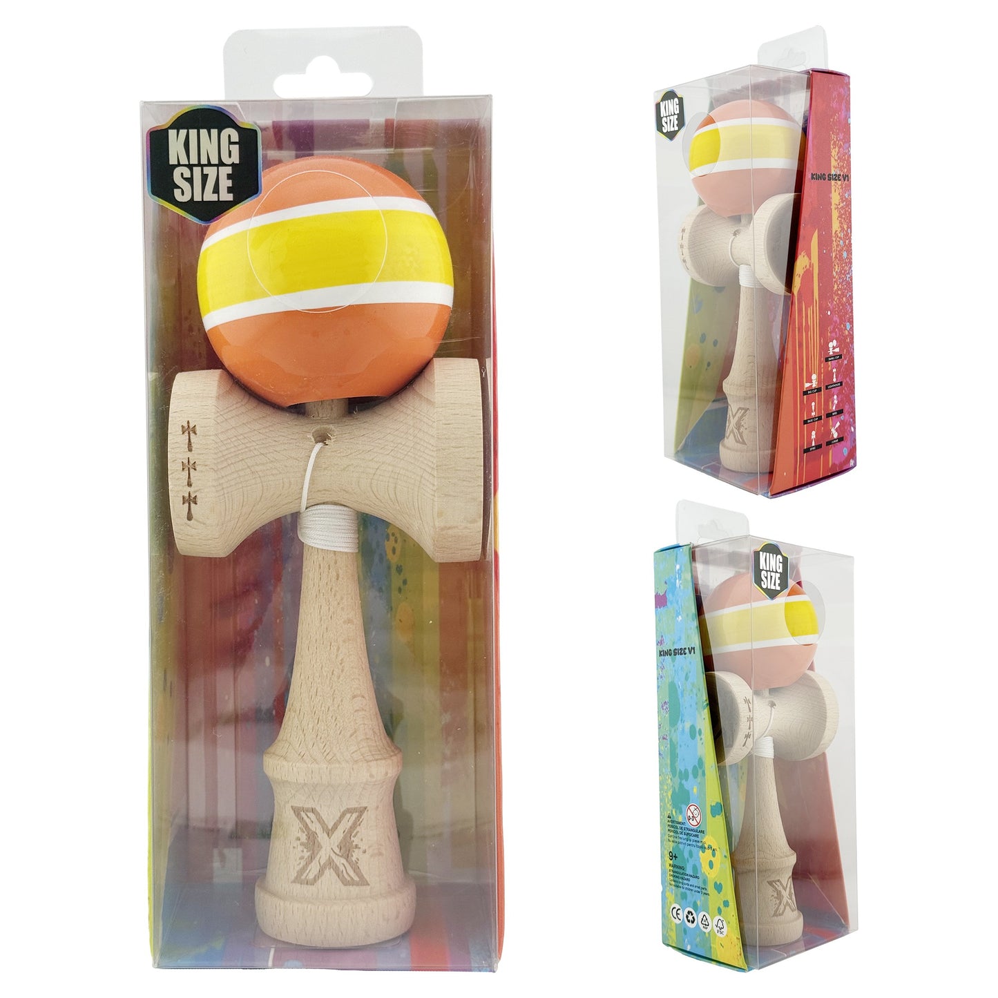 Kendama X Originala, Model Portocaliu / Galben cu Linii Albe, Profesionala, Legendary, Cupe Mari, Super Sticky, Rulment, Ata 55cm
