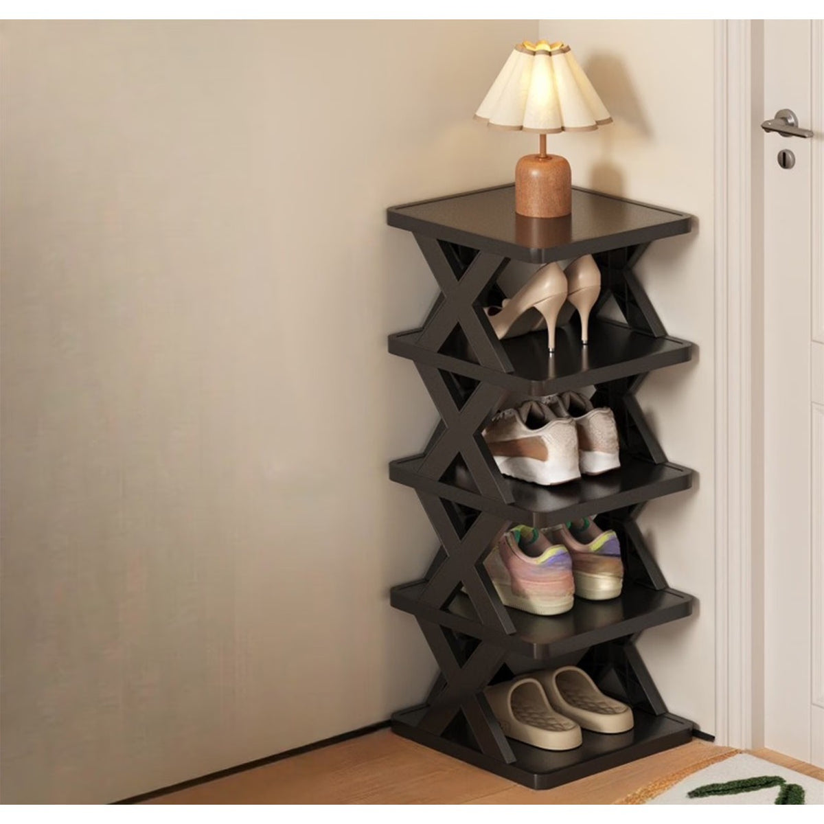 Organizator Pantofi, Suport Modular Stivuibil cu 5 Niveluri, Structura Stabila in Forma de X, Plastic ABS, 65.5 x 24 x 26 cm, Negru
