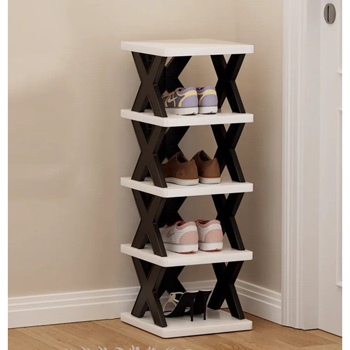 Organizator Pantofi, Suport Modular Stivuibil cu 5 Niveluri, Design Compact pentru Spatii Inguiste, ABS Rezistent, 65.5 x 24 x 26 cm, Alb/Negru