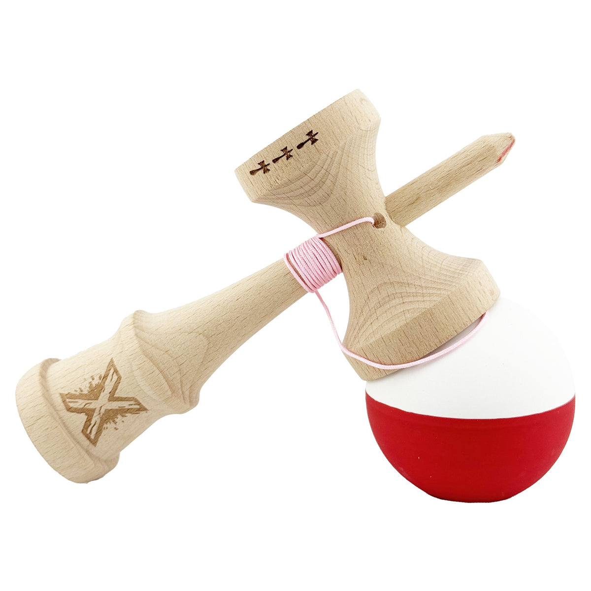 Kendama X Originala, Model Alb / Rosu in Degrade, Profesionala, Cupe Mari, Rubber Grip, Rulment, Ata 55cm