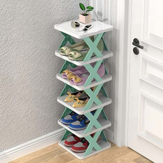 Organizator Pantofi, Suport Modular Stivuibil cu 5 Niveluri, Design Compact si Structura Stabilă in X, ABS, 65.5 x 24 x 26 cm, Turcoaz