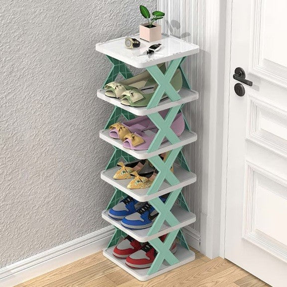 Organizator Pantofi, Suport Modular Stivuibil cu 5 Niveluri, Design Compact si Structura Stabilă in X, ABS, 65.5 x 24 x 26 cm, Turcoaz