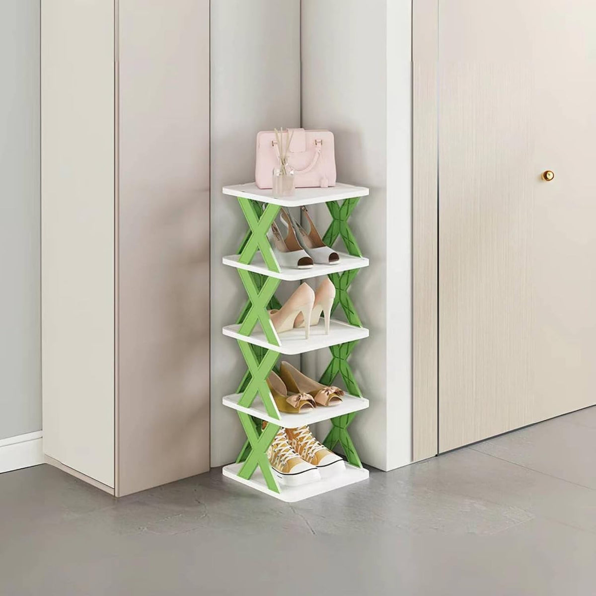 Organizator Pantofi, Suport Modular Stivuibil cu 5 Niveluri, Design Compact si Structura Stabilă in X, ABS, 65.5 x 24 x 26 cm, Verde