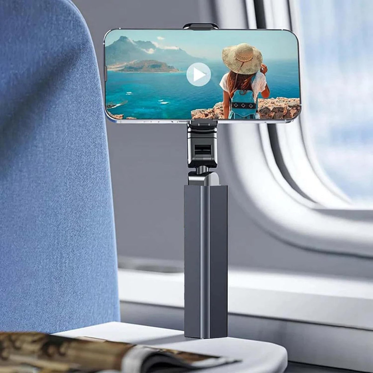 Suport Telefon Mobil, Braț Telescopic și Rotativ 360 Grade, Clemă de Prindere Universală, Design Pliabil pentru Birou și Avion, Plastic, Negru