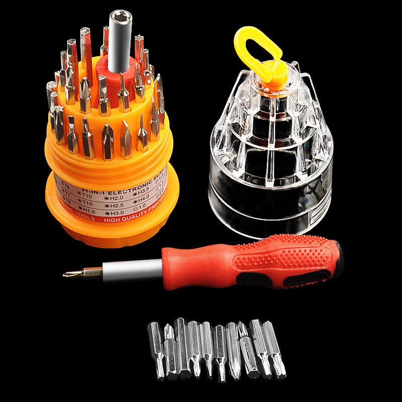 Set de Surubelnite 31-in-1 cu Clichet, Trusa pentru Reparatii Electronice si Uz Casnic, Varfuri Magnetice, Maner Ergonomic Antiderapant, Otel si Plastic, 10 x 5 x 5 cm, Galben