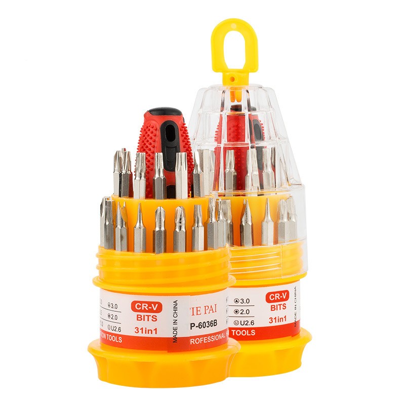 Set de Surubelnite 31-in-1 cu Clichet, Trusa pentru Reparatii Electronice si Uz Casnic, Varfuri Magnetice, Maner Ergonomic Antiderapant, Otel si Plastic, 10 x 5 x 5 cm, Galben