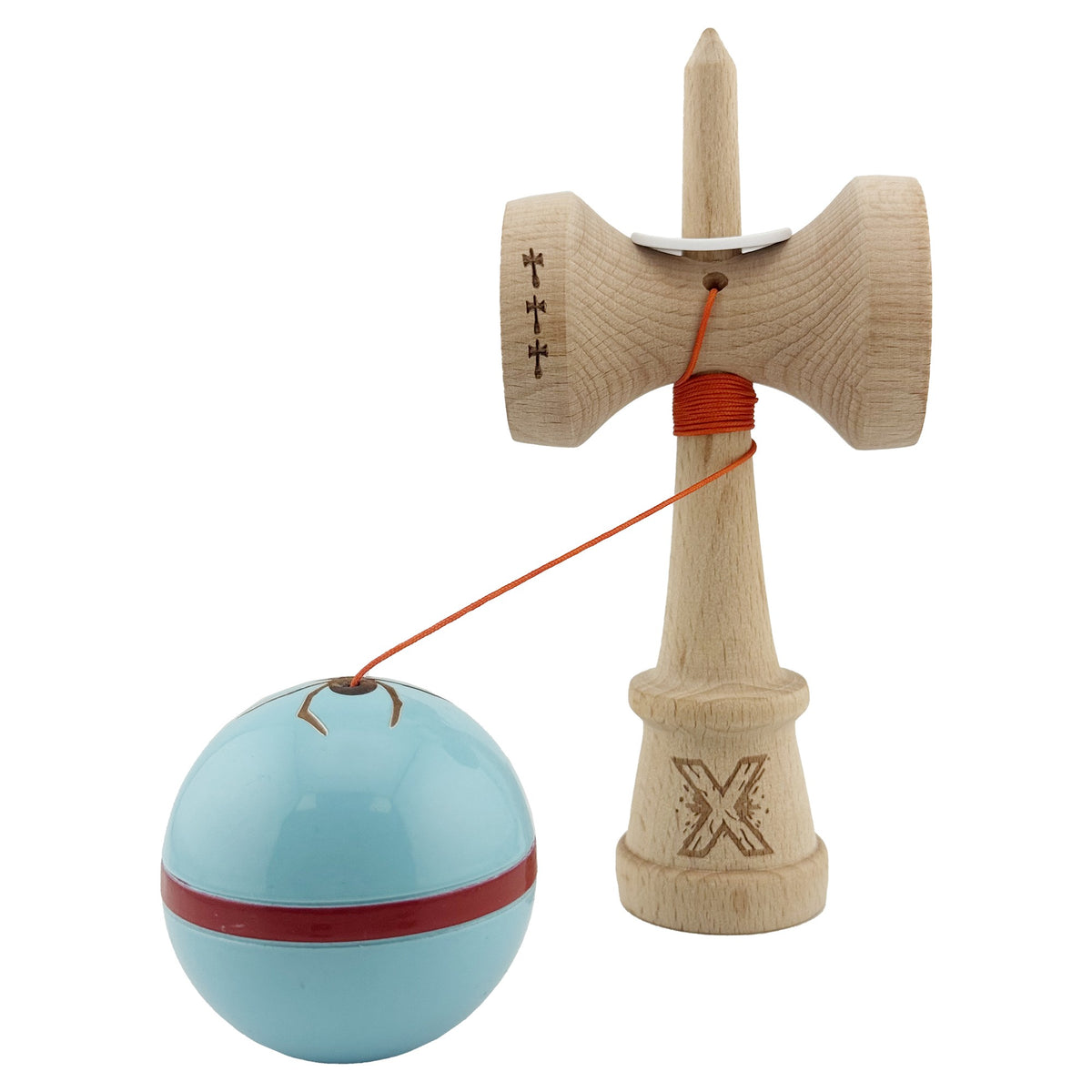 Kendama X Silken Originala, Model V3 Albasru Deschis, Profesionala, Cupe Mari King Size, Super Sticky, Gaura in Baza, Rulment, Ata 55cm