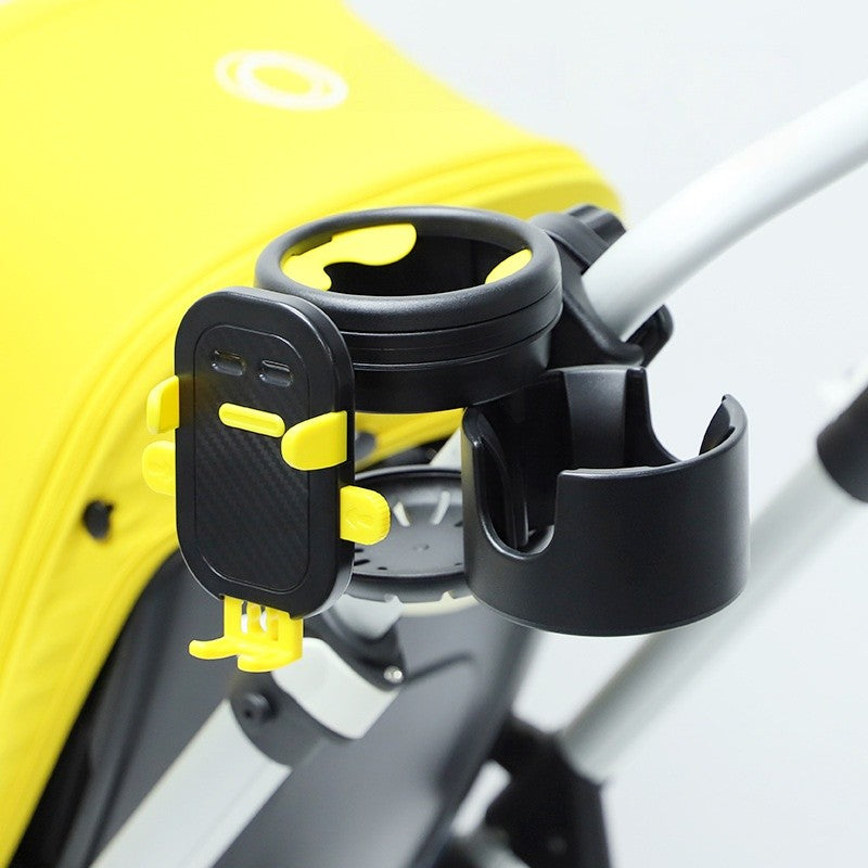 Suport Universal 3in1 pentru Cărucior și Bicicletă, 2 Suporturi Pahare și Suport Telefon, Rotire 360 Grade, ABS, Negru/Galben